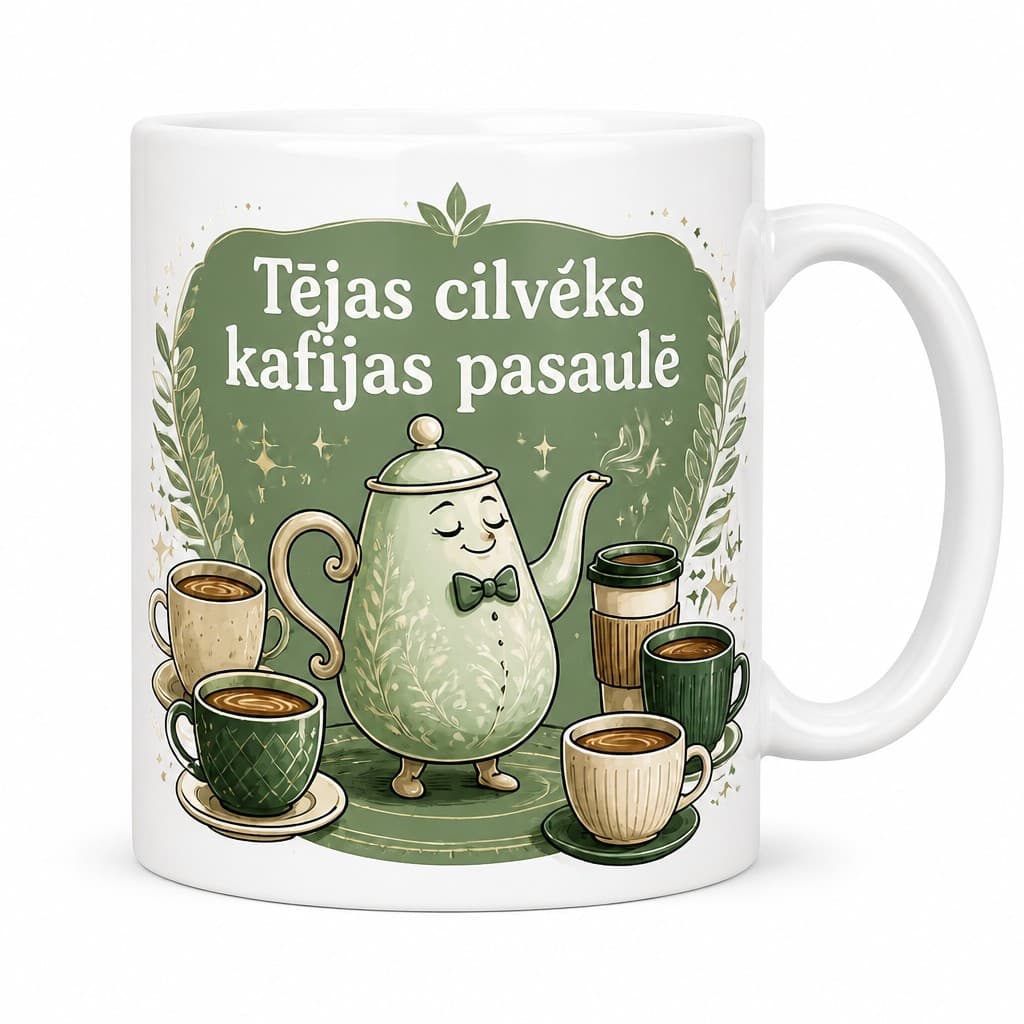 Tējas krūze ar tekstu Tējas cilvēks kafijas pasaulē