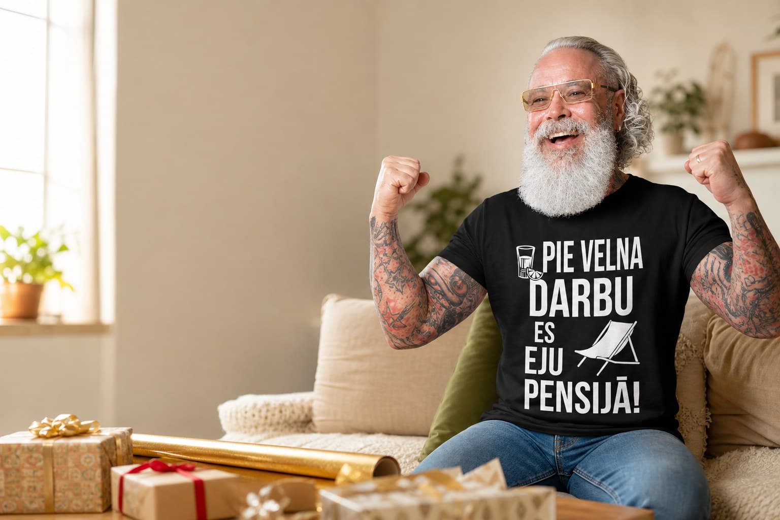 Vīrietis T-kreklā ar uzrakstu “Pie velna darbu, es eju pensijā”