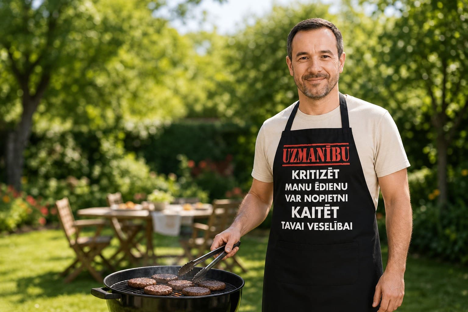 Cilvēks pie grila priekšautā ar smieklīgu uzrakstu